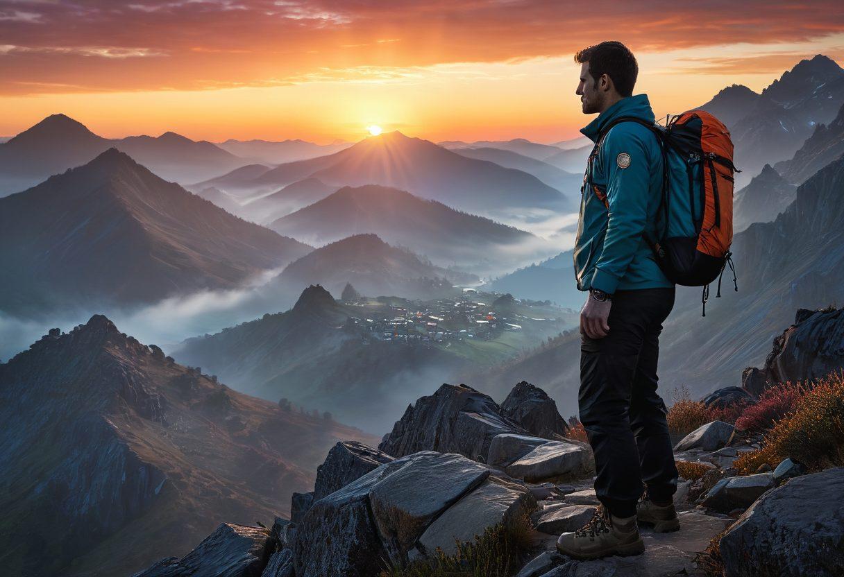 A rugged mountain landscape at dawn, showcasing a sleek Luminox watch on a rocky surface, glistening with dew. A silhouette of a hiker with an adventurous stance, overlooking a valley filled with mist. Elements of adventure like a compass and a map, subtly included in the foreground. The scene is filled with vibrant colors of sunrise, emphasizing the spirit of adventure. super-realistic. vibrant colors. 3D.